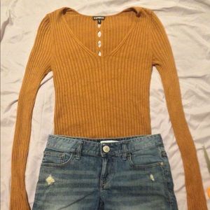 Express Mustard Long-sleeve Top w/ Oval Cutouts XS